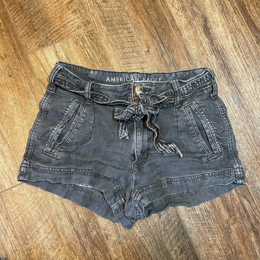 American Eagle 00 Paper Bag Linen Shorts Charcoal